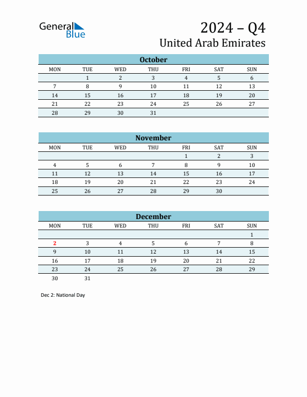 Three-Month Planner for Q4 2024 with Holidays - United Arab Emirates