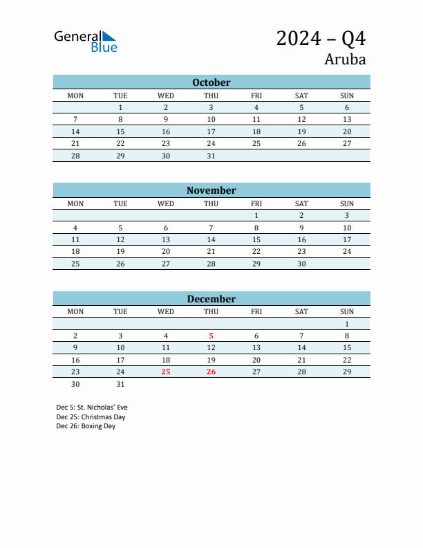 Three-Month Planner for Q4 2024 with Holidays - Aruba