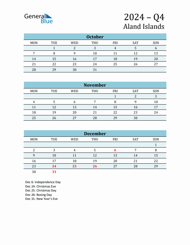 Three-Month Planner for Q4 2024 with Holidays - Aland Islands