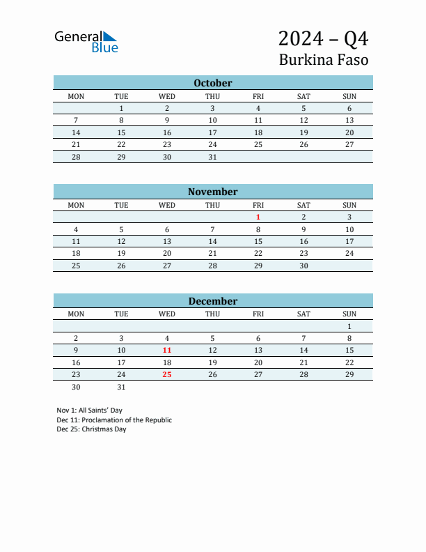 Three-Month Planner for Q4 2024 with Holidays - Burkina Faso