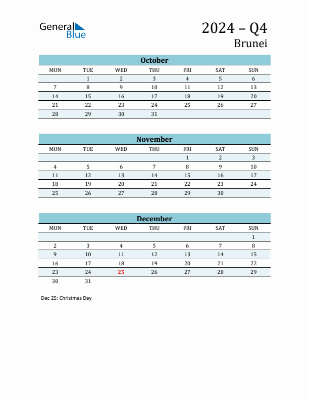 Three-Month Planner for Q4 2024 with Holidays - Brunei