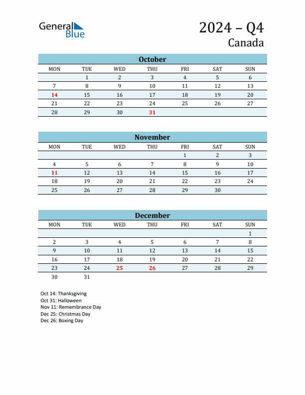 Three-Month Planner for Q4 2024 with Holidays - Canada