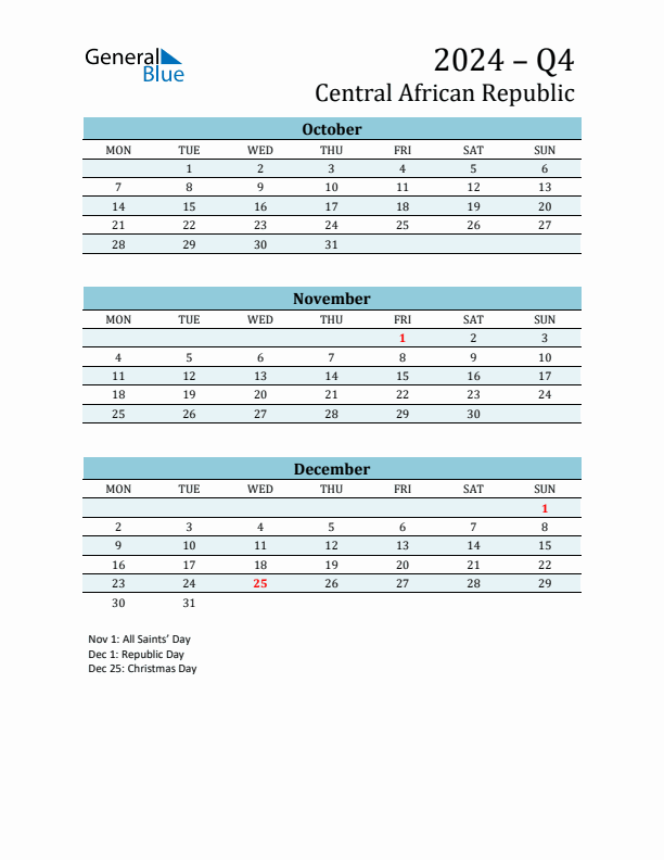 Three-Month Planner for Q4 2024 with Holidays - Central African Republic