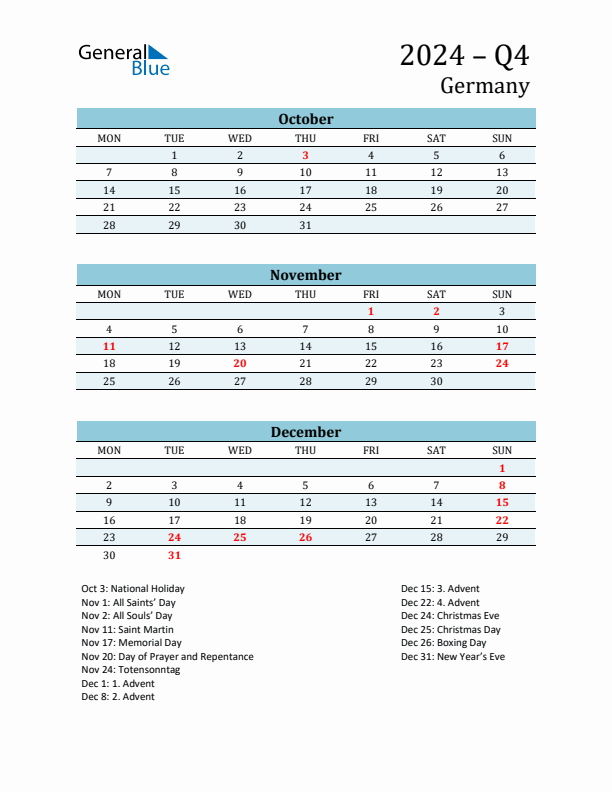 Three-Month Planner for Q4 2024 with Holidays - Germany