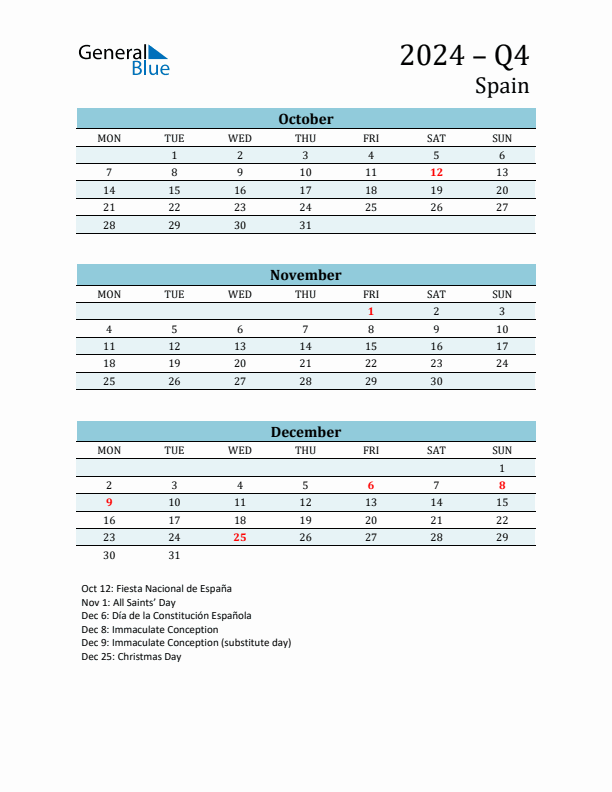 Three-Month Planner for Q4 2024 with Holidays - Spain