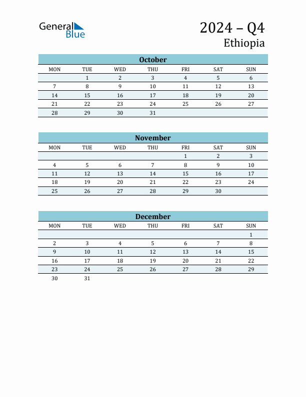 Three-Month Planner for Q4 2024 with Holidays - Ethiopia