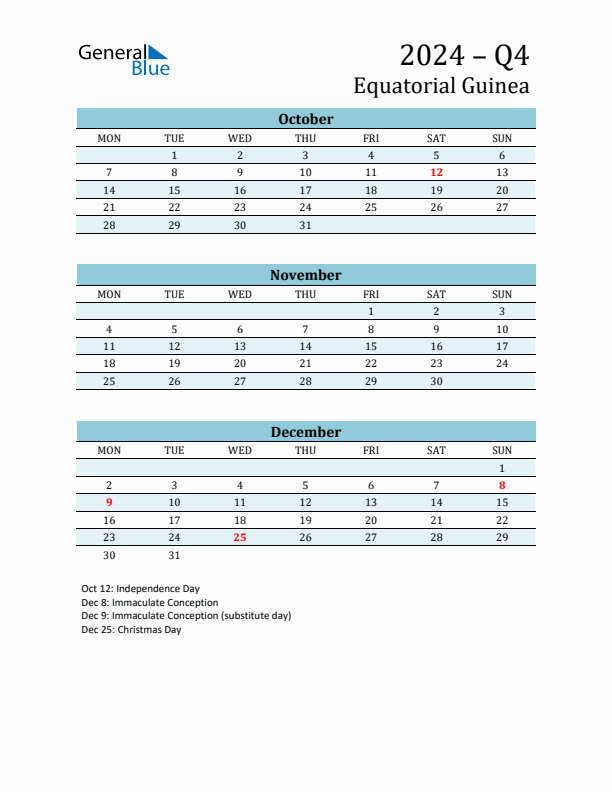 Three-Month Planner for Q4 2024 with Holidays - Equatorial Guinea