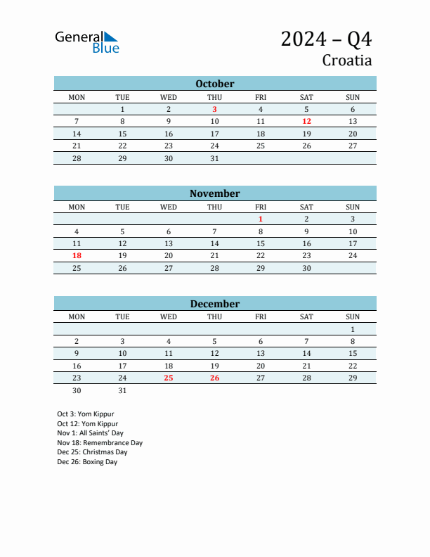 Three-Month Planner for Q4 2024 with Holidays - Croatia