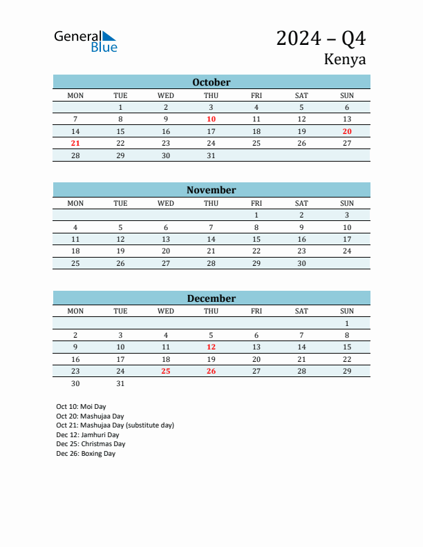 Three-Month Planner for Q4 2024 with Holidays - Kenya