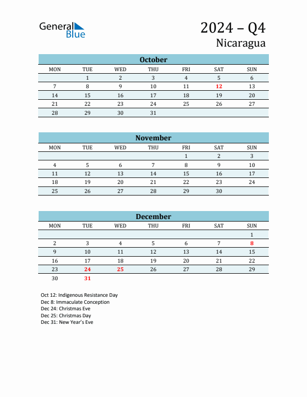 Three-Month Planner for Q4 2024 with Holidays - Nicaragua