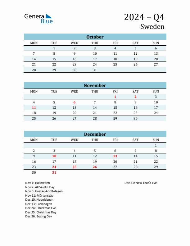 Three-Month Planner for Q4 2024 with Holidays - Sweden