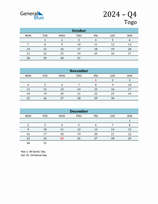 Three-Month Planner for Q4 2024 with Holidays - Togo