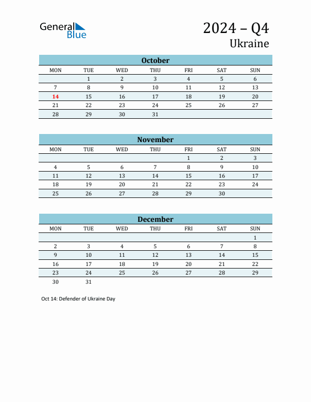 Three-Month Planner for Q4 2024 with Holidays - Ukraine