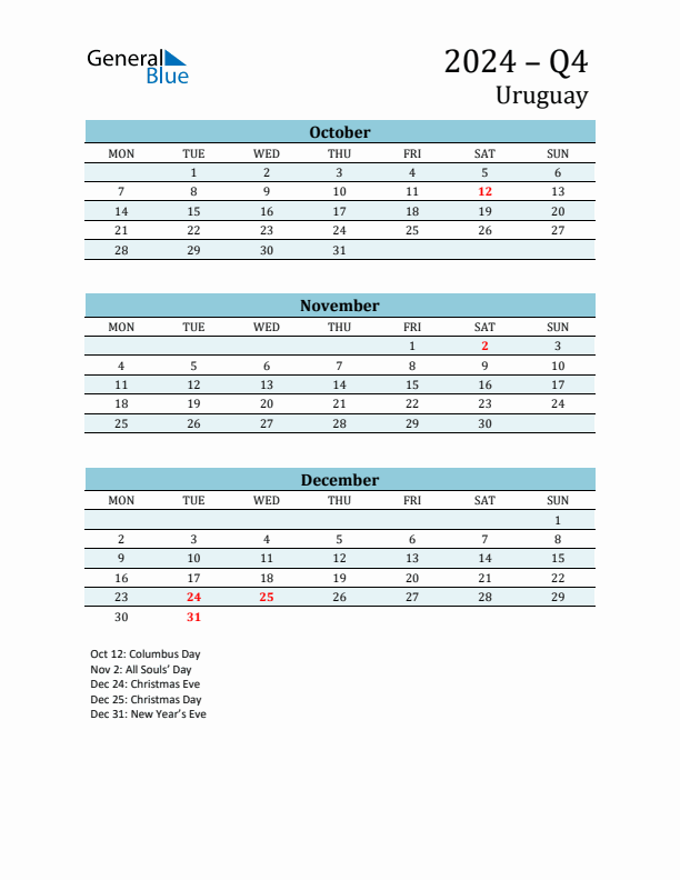 Three-Month Planner for Q4 2024 with Holidays - Uruguay