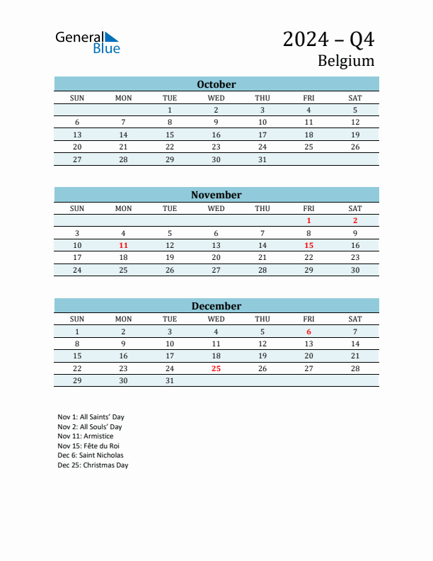 Three-Month Planner for Q4 2024 with Holidays - Belgium