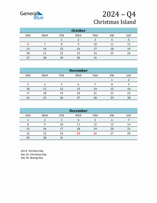 Three-Month Planner for Q4 2024 with Holidays - Christmas Island