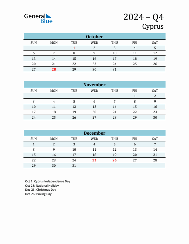 Three-Month Planner for Q4 2024 with Holidays - Cyprus