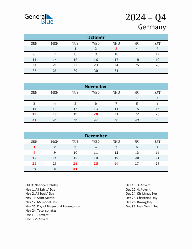 Three-Month Planner for Q4 2024 with Holidays - Germany