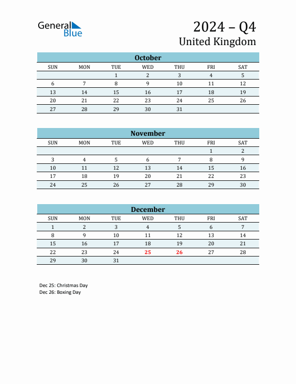 Three-Month Planner for Q4 2024 with Holidays - United Kingdom