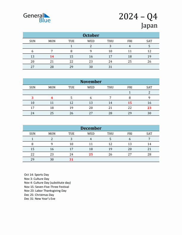 Three-Month Planner for Q4 2024 with Holidays - Japan