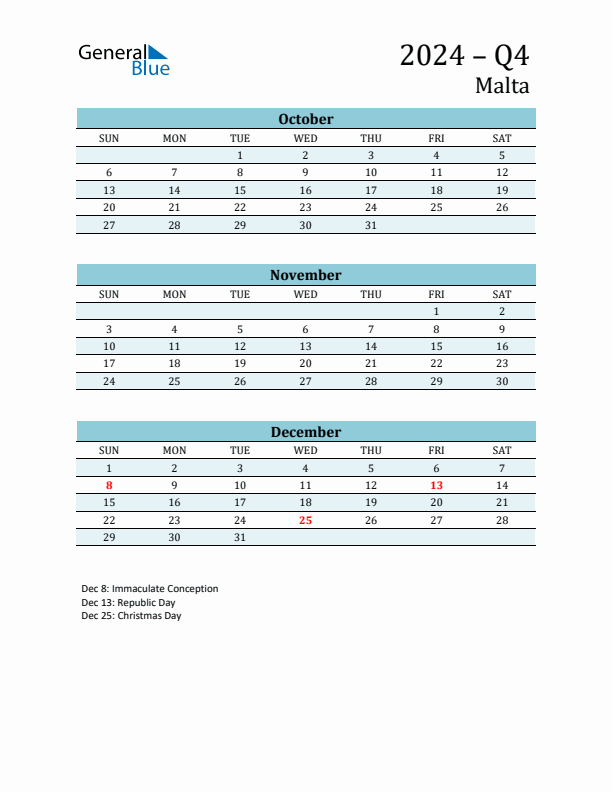 Three-Month Planner for Q4 2024 with Holidays - Malta