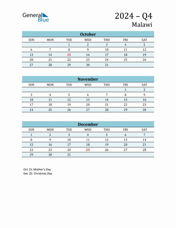 Three-Month Planner for Q4 2024 with Holidays - Malawi