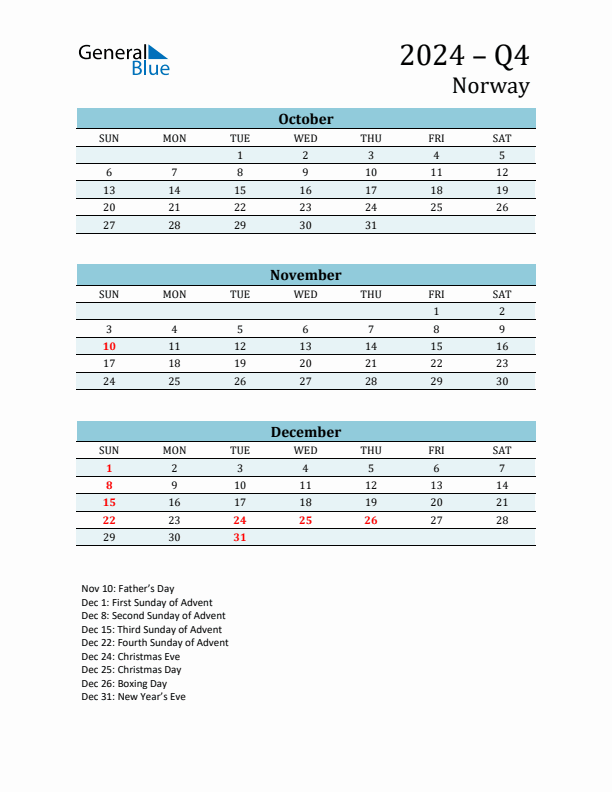 Three-Month Planner for Q4 2024 with Holidays - Norway