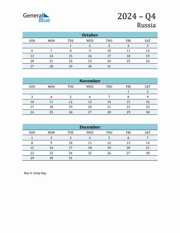 Three-Month Planner for Q4 2024 with Holidays - Russia