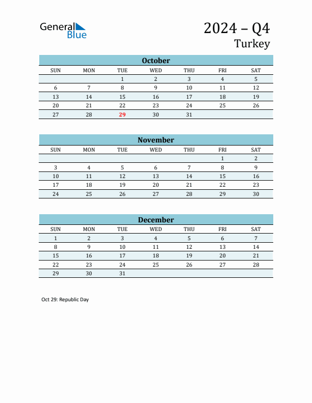 Three-Month Planner for Q4 2024 with Holidays - Turkey