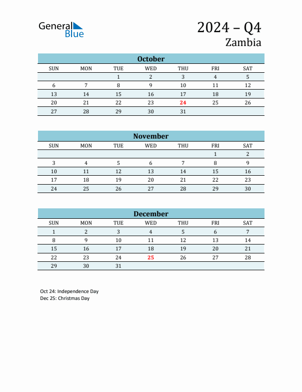 Three-Month Planner for Q4 2024 with Holidays - Zambia