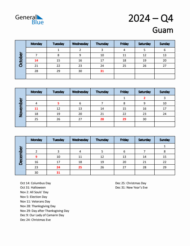 Free Q4 2024 Calendar for Guam - Monday Start