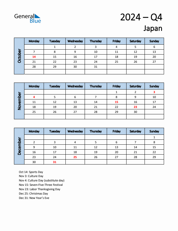 Free Q4 2024 Calendar for Japan - Monday Start