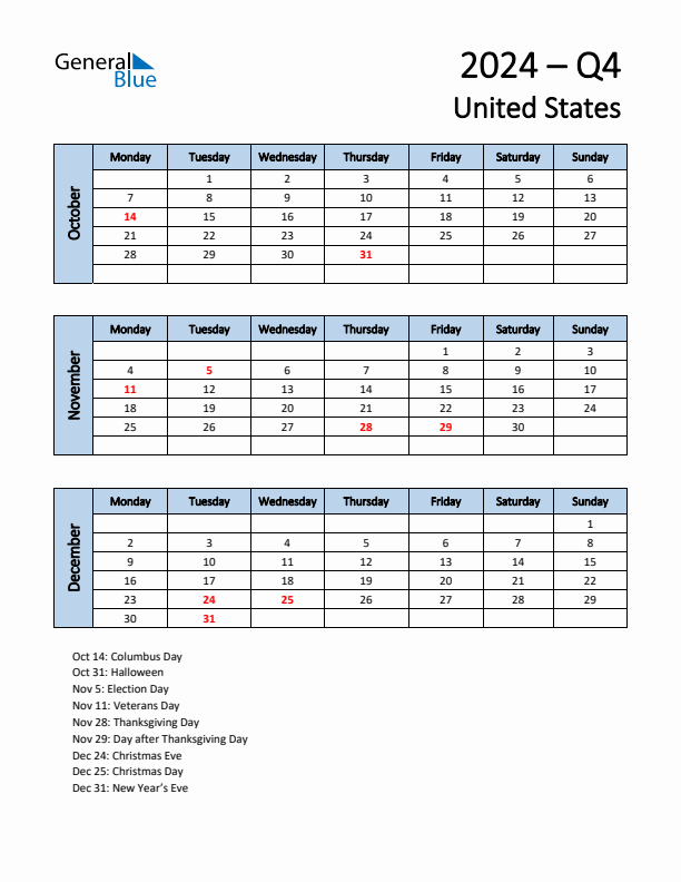 Free Q4 2024 Calendar for United States - Monday Start