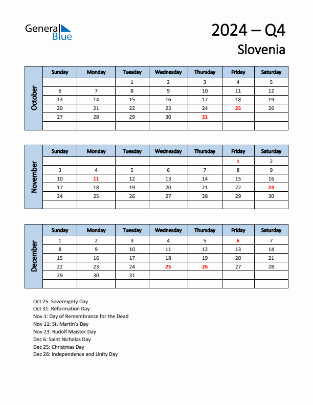 Free Q4 2024 Calendar for Slovenia - Sunday Start