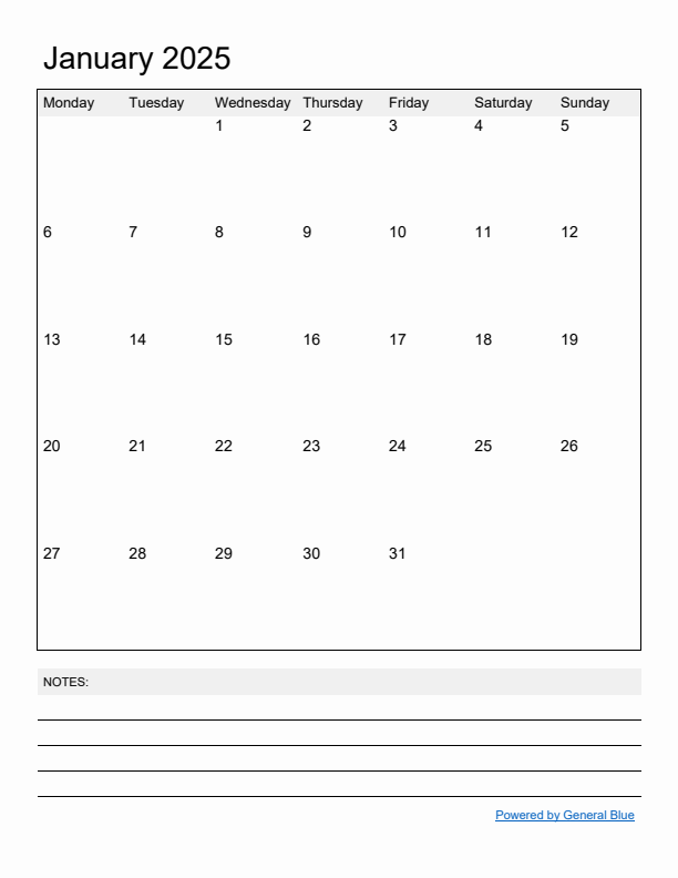 Basic Monthly Calendar Template for January 2025