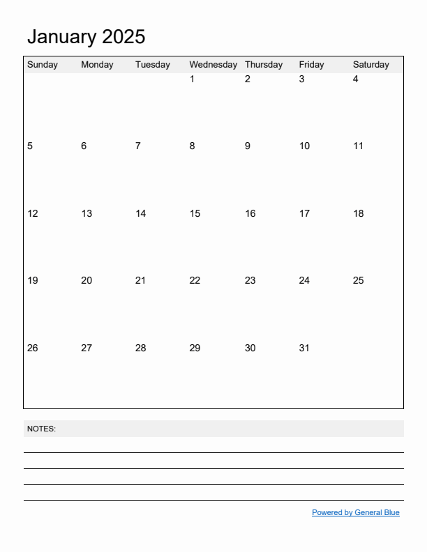 Basic Monthly Calendar Template for January 2025