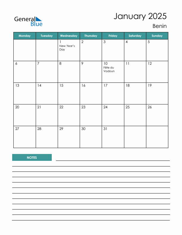 Calendar with Notes Printable - Monday Start