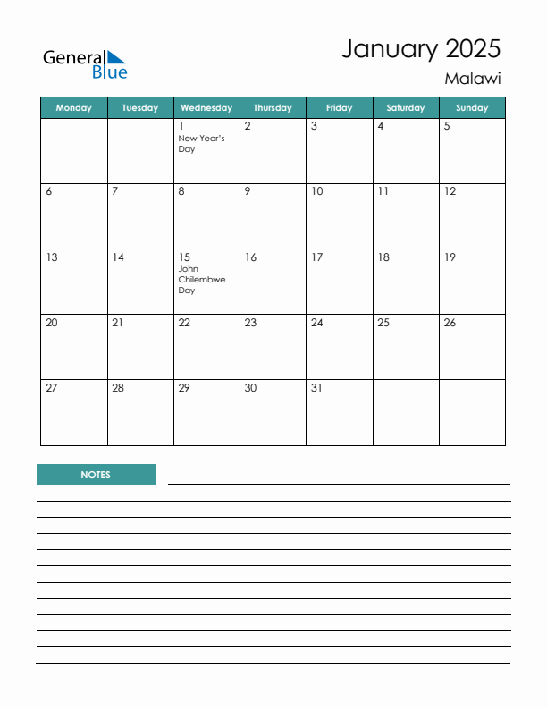 Calendar with Notes Printable - Monday Start