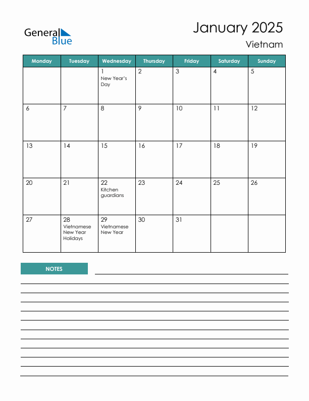 Calendar with Notes Printable - Monday Start