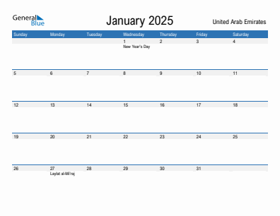 Current month calendar with United Arab Emirates holidays for January 2025