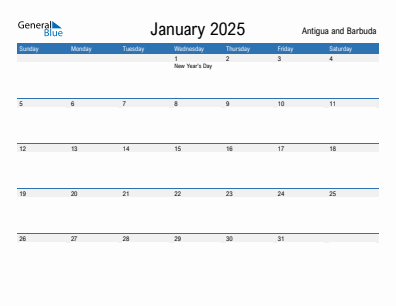 Current month calendar with Antigua and Barbuda holidays for January 2025