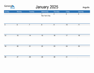 Current month calendar with Anguilla holidays for January 2025