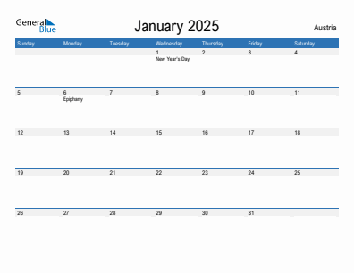 Current month calendar with Austria holidays for January 2025