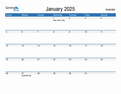 Current month calendar with Australia holidays for January 2025