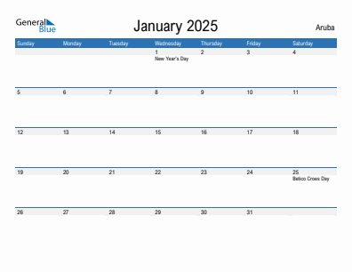 Current month calendar with Aruba holidays for January 2025