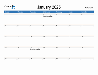 Current month calendar with Barbados holidays for January 2025