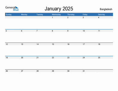 Current month calendar with Bangladesh holidays for January 2025