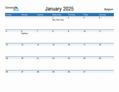 Current month calendar with Belgium holidays for January 2025