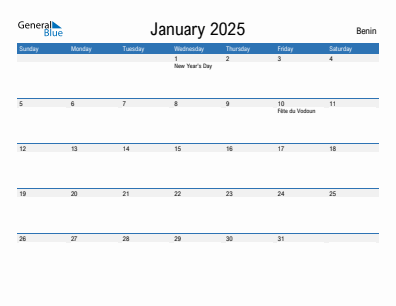 Current month calendar with Benin holidays for January 2025