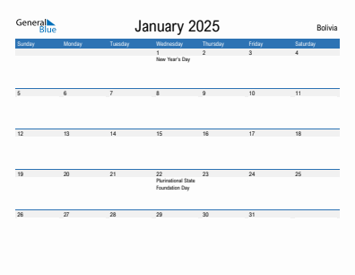 Current month calendar with Bolivia holidays for January 2025